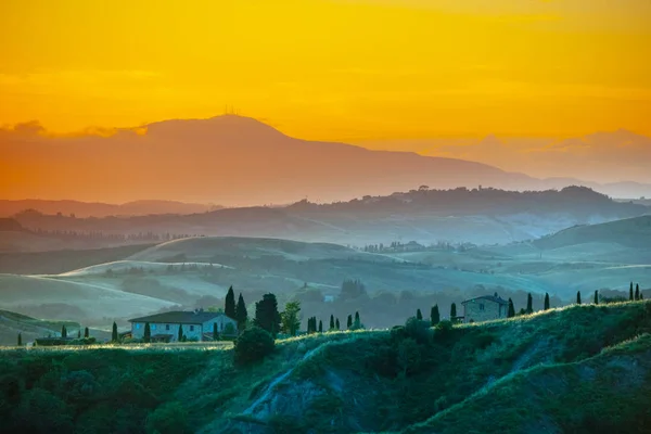 Evening in Tuscany. Hilly Tuscan landscape in golden mood at sunset time with silhouettes of cypresses and farm houses, Italy — Stock Photo, Image