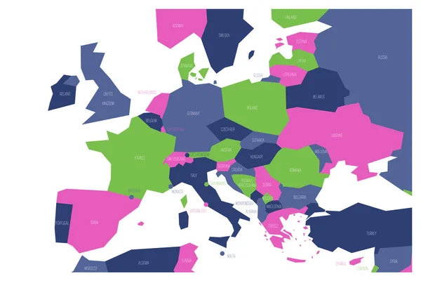 Politische Landkarte Mittel- und Südeuropas. vereinfachte schematische Vektorkarte in vier Farben — Stockvektor