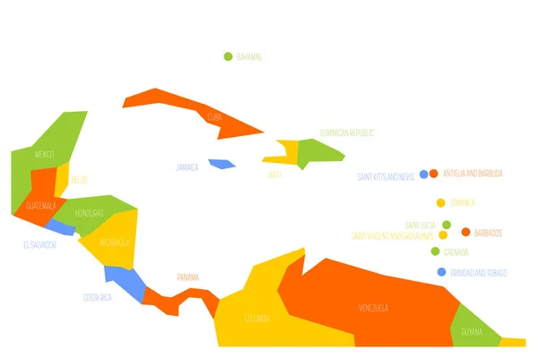 Mapa da América Central e Caribe. Mapa esquemático vetorial simplificado em quatro esquema de cores — Vetor de Stock
