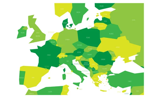 Politická mapa střední a jižní Evropy. Zjednodušeno schematické Vektorová mapa ve čtyřech odstínech zelené — Stockový vektor