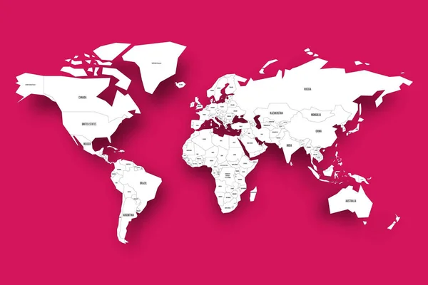 Politische Weltkarte. weiße Landkarte mit Ländergrenzen und Etiketten mit Schlagschatten auf rosa Hintergrund. Vektorillustration — Stockvektor