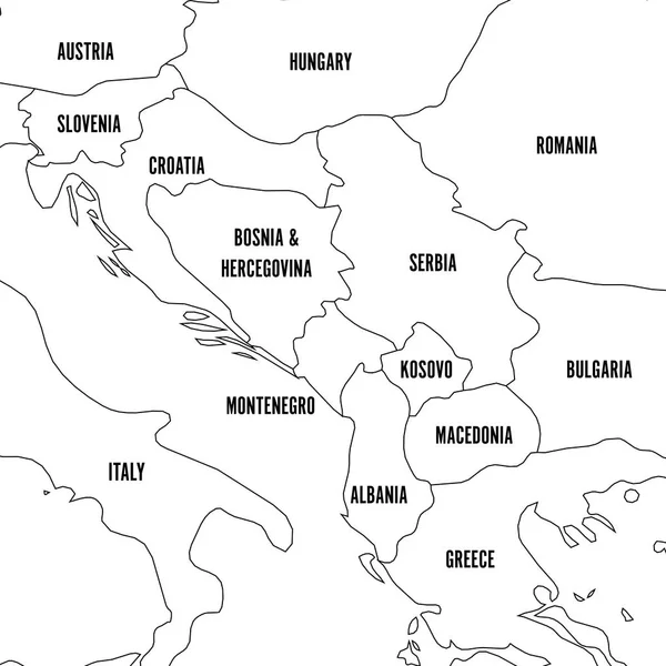 Mapa político dos Balcãs - Estados da Península Balcânica. Simples contorno preto plano com etiquetas de nome do país preto — Vetor de Stock