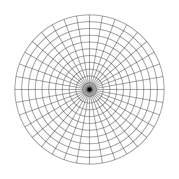 Cuadrícula polar de 10 círculos concéntricos y pasos de 10 grados. Papel gráfico polar de vector en blanco — Archivo Imágenes Vectoriales