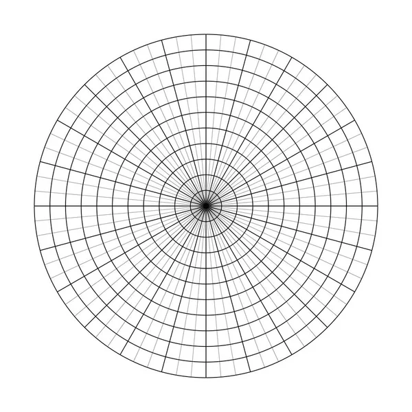 Polarraster mit 10 konzentrischen Kreisen und 5 Grad Schritten. leeres Vektor-Polargraphenpapier — Stockvektor