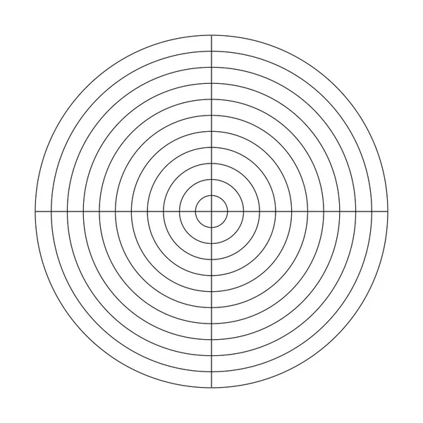 Grade polar de 10 círculos concêntricos e 90 graus de passos. Papel de gráfico polar vetorial em branco — Vetor de Stock