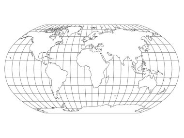 World Map in Robinson Projection with meridians and parallels grid. White land with black outline. Vector illustration clipart