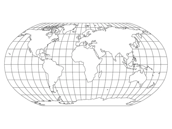 Weltkarte in Robinsonprojektion mit Meridianen und Parallelraster. weißes Land mit schwarzem Umriss. Vektorillustration — Stockvektor