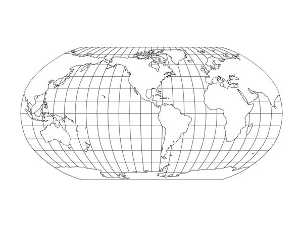 Weltkarte in Robinsonprojektion mit Meridianen und Parallelraster. Amerika zentriert. weißes Land mit schwarzem Umriss. Vektorillustration — Stockvektor