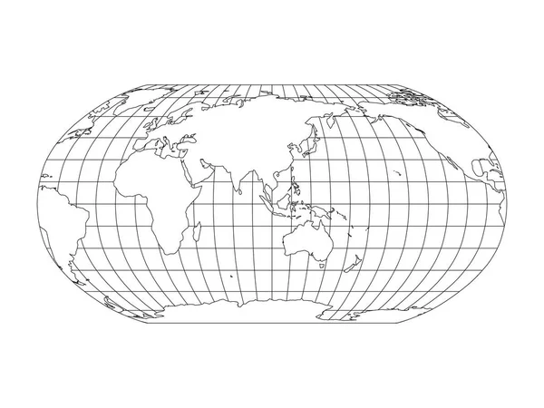 Weltkarte in Robinsonprojektion mit Meridianen und Parallelraster. Asien und Australien zentriert. weißes Land mit schwarzem Umriss. Vektorillustration — Stockvektor