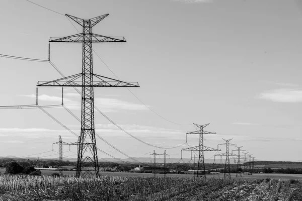 Tårn for overføring, eller master for elektrisitet, i landskapet på landsbygda – stockfoto