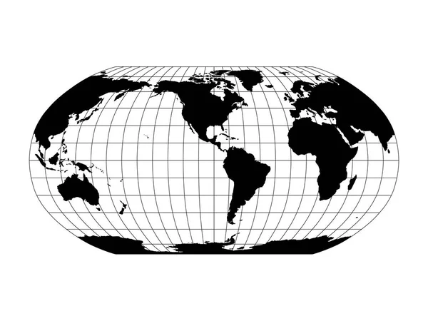 Mapa do Mundo em Robinson Projeção com meridianos e paralelos grade. Américas centradas. Terra preta com contorno preto. Ilustração vetorial — Vetor de Stock