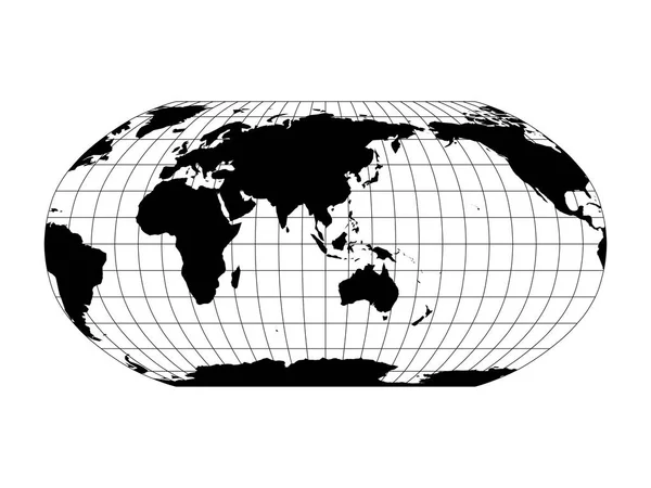 Världen karta i Robinson projektion med meridianer och paralleller rutnät. Asien och Australien centrerad. Svart med svart kontur. Vektorillustration — Stock vektor