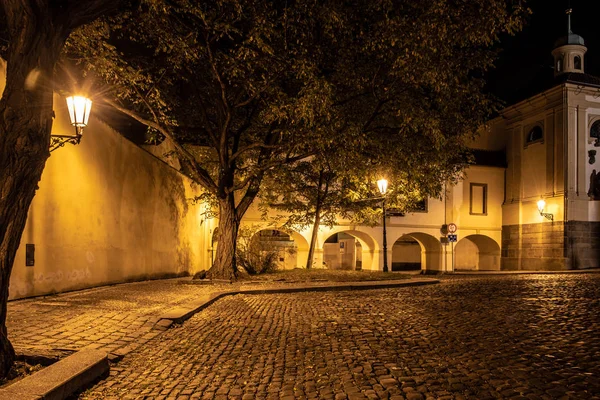 Enge gepflasterte Straße in der alten mittelalterlichen Stadt mit beleuchteten Häusern mit alten Straßenlaternen, novy svet, Prag, Tschechische Republik. Nachtschuss — Stockfoto