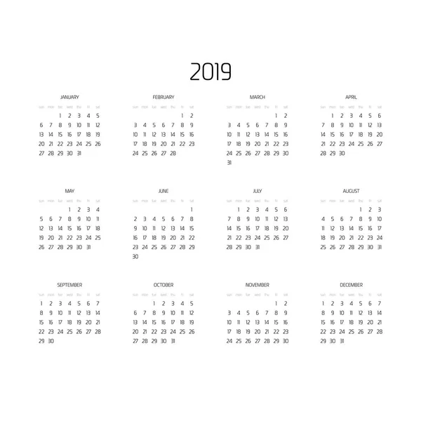 Vector kalender - jaar 2019. Week begint zondag. Eenvoudige platte vectorillustratie — Stockvector