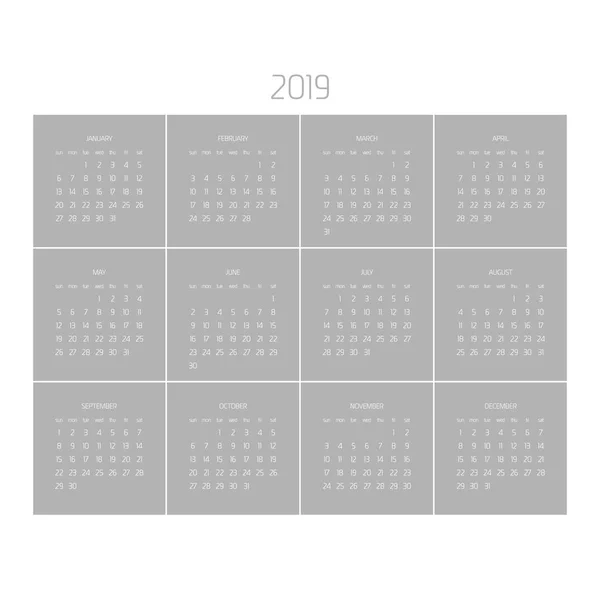 Calendario vectorial - Año 2019. La semana comienza el domingo. Ilustración simple vector plano — Archivo Imágenes Vectoriales