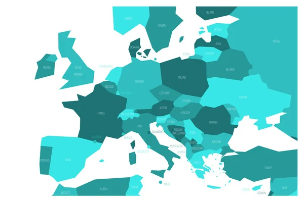 Politisk karta över centrala och södra Europa. Simlified Schematisk vektor karta i fyra nyanser av turkos blå — Stock vektor