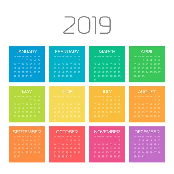 Año 2019 calendario con meses coloridos. La semana comienza el domingo. Ilustración simple vector plano — Vector de stock