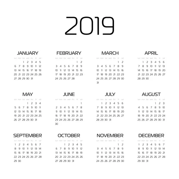 Vektorkalender - Jahr 2019. die Woche beginnt am Sonntag. einfache flache Vektordarstellung — Stockvektor