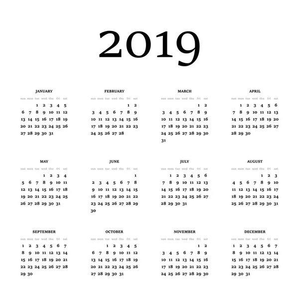 Vector kalender - jaar 2019. Week begint zondag. Eenvoudige platte vectorillustratie — Stockvector