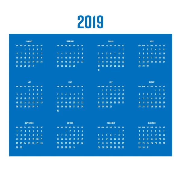 Calendario vettoriale - Anno 2019. La settimana inizia da domenica. Semplice illustrazione vettoriale piatta — Vettoriale Stock