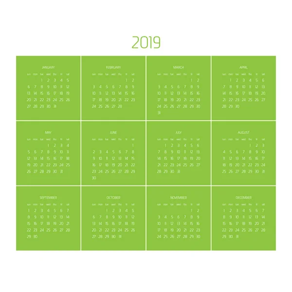 Vector kalender - jaar 2019. Week begint zondag. Eenvoudige platte vectorillustratie — Stockvector