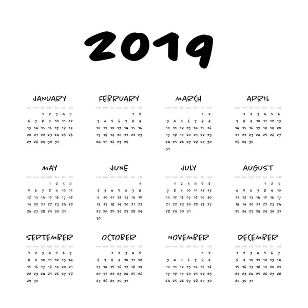 Vektorkalender - Jahr 2019. die Woche beginnt am Sonntag. einfache flache Vektordarstellung — Stockvektor