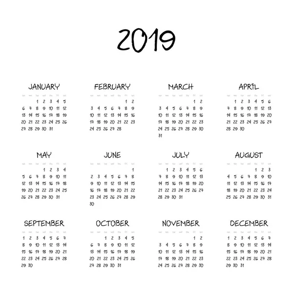 Векторный календарь - 2019 год. Неделя начинается в воскресенье. Простая плоская векторная иллюстрация — стоковый вектор