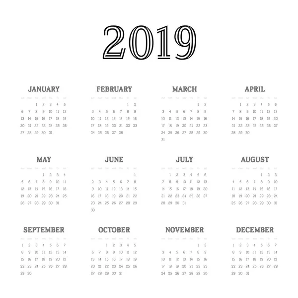 Calendrier vectoriel - Année 2019. La semaine commence dimanche. Illustration vectorielle plate simple — Image vectorielle