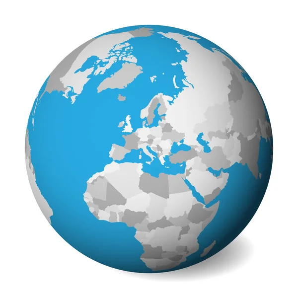 Lege politieke kaart van Europa. 3D Earth globe met blauwe water en grijze gebieden. Vectorillustratie — Stockvector