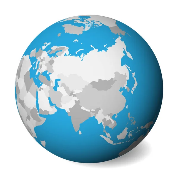 Mapa político en blanco de Asia. Globo terrestre 3D con agua azul y tierras grises. Ilustración vectorial — Archivo Imágenes Vectoriales