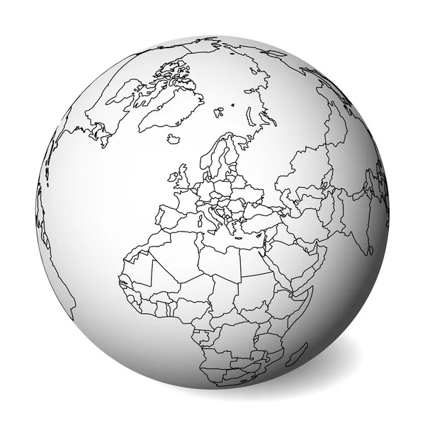 Mapa político en blanco de Europa. Globo terrestre 3D con mapa de contorno negro. Ilustración vectorial — Vector de stock