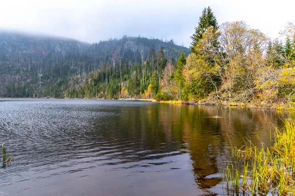 Plesne Lake and Plechy Mountain in autumn. Sumava National Park, Czech Republic — Stock Photo, Image