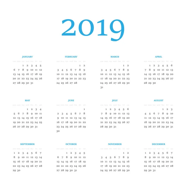 Calendario vectorial - Año 2019. La semana comienza el domingo. Ilustración simple vector plano — Vector de stock