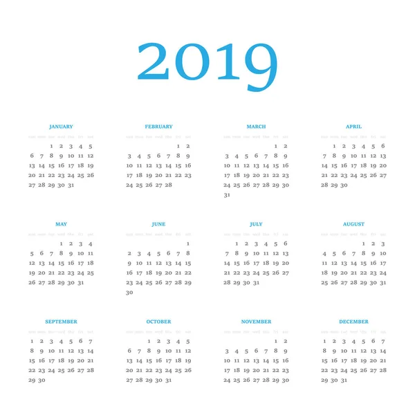 Calendrier vectoriel - Année 2019. La semaine commence dimanche. Illustration vectorielle plate simple — Image vectorielle