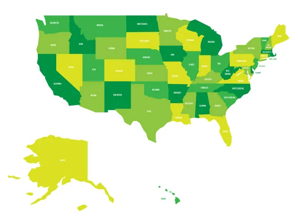 Политическая карта Соединенных Штатов Америки, США. Простая плоская векторная карта четырех оттенков зеленого с белыми метками государственных названий на белом фоне — стоковый вектор
