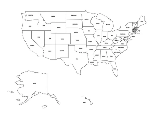 Mapa polityczna od Stanów Zjednoczonych Ameryki, Usa. Proste płaski czarny kontur Mapa wektor z etykiety Nazwa Państwa czarny na białym tle — Wektor stockowy