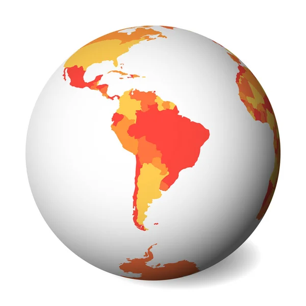 Leere politische Landkarte Südamerikas. 3D Erdglobus mit orangefarbener Landkarte. Vektorillustration — Stockvektor