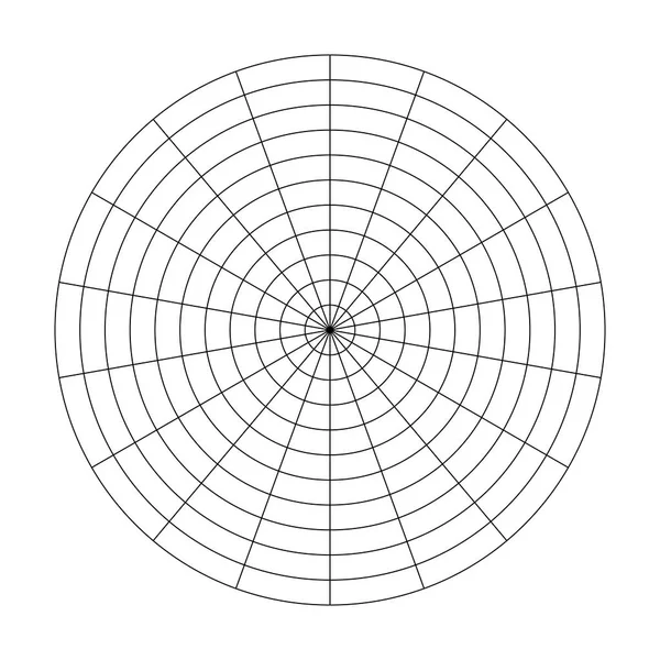 Cuadrícula polar de 10 círculos concéntricos y 20 grados de escalones. Papel gráfico polar de vector en blanco — Vector de stock