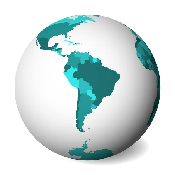 Mapa político en blanco de América del Sur. Globo terrestre 3D con mapa azul turquesa. Ilustración vectorial — Vector de stock