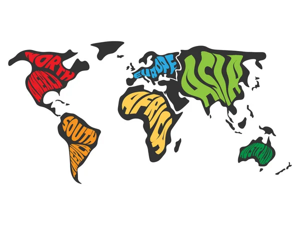 Carte du monde divisée en six continents. Nom de chaque continent enveloppé. Illustration vectorielle simplifiée — Image vectorielle