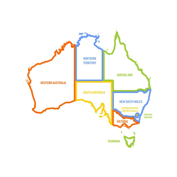 Förenklad karta över Australien uppdelad i stater och territorier. Mångfärgade disposition platt vektor karta — Stock vektor