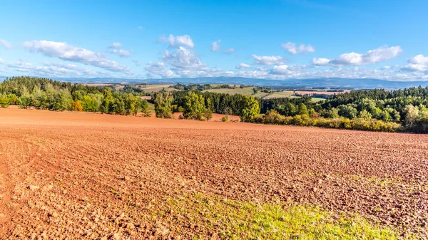 Typowy czerwone gleby z okolic Nova Paka. Karkonosze na tle krajobrazu. Czechy — Zdjęcie stockowe