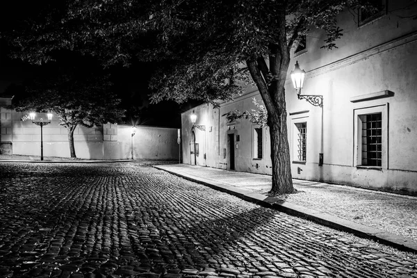 Rua de paralelepípedos estreita na cidade medieval velha com casas iluminadas por lâmpadas de rua vintage, Novy svet, Praga, República Checa. Tiro noturno — Fotografia de Stock