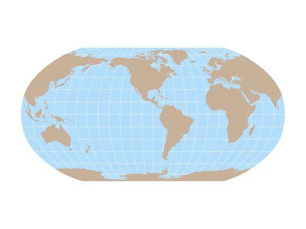 World Map in Robinson Proyección con meridianos y cuadrícula paralela. América centrada. Tierra marrón y mar azul. Ilustración vectorial — Vector de stock