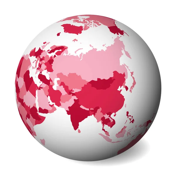 Чистая политическая карта Азии. 3D Земля земной шар с розовой картой. Векторная иллюстрация — стоковый вектор
