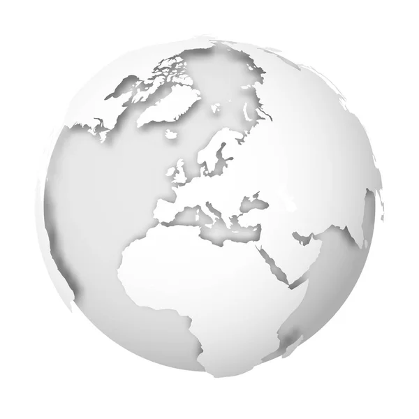 Globe terrestre. Carte du monde en 3D avec des terres blanches déversant des ombres sur les mers et océans gris clair. Illustration vectorielle — Image vectorielle