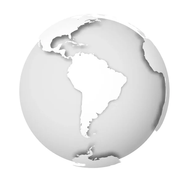 Globo terrestre. Mapa del mundo 3D con tierras blancas que caen sombras sobre mares y océanos de color gris claro. Ilustración vectorial — Vector de stock