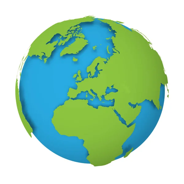 Globo terrestre natural. Mapa del mundo 3D con tierras verdes que caen sombras sobre mares azules y océanos. Ilustración vectorial — Vector de stock