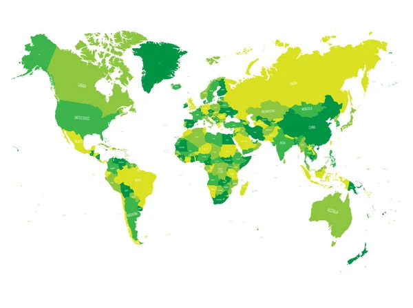 A világ Térkép, négy árnyalatú zöld, fehér háttér. Nagy részletességgel politikai térképen országok nevei. Vektoros illusztráció — Stock Vector
