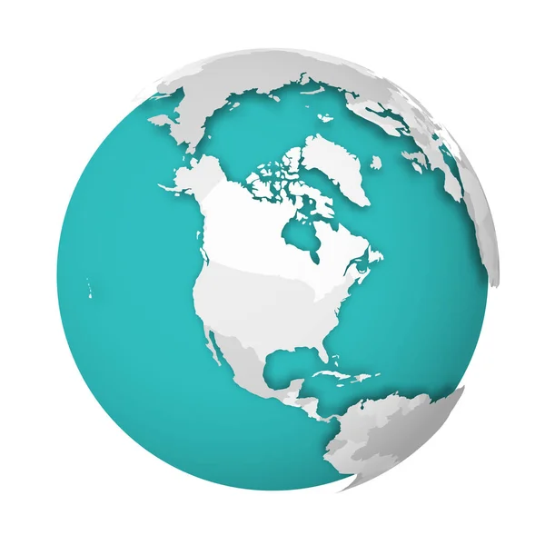 Globo terrestre 3D con mapa político en blanco que deja sombra sobre mares y océanos azules y verdes. Ilustración vectorial — Vector de stock